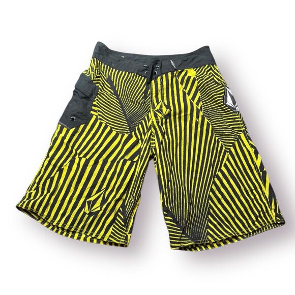 Volcom Yellow Black Board Shorts Size 34" Swim Trunks Retro Beach Shorts Y2K - Picture 1 of 6